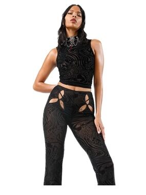 LAM.GIA AMINA Mesh Flower Cut Out Black Semi Sheer Festival Pants- Sz Small